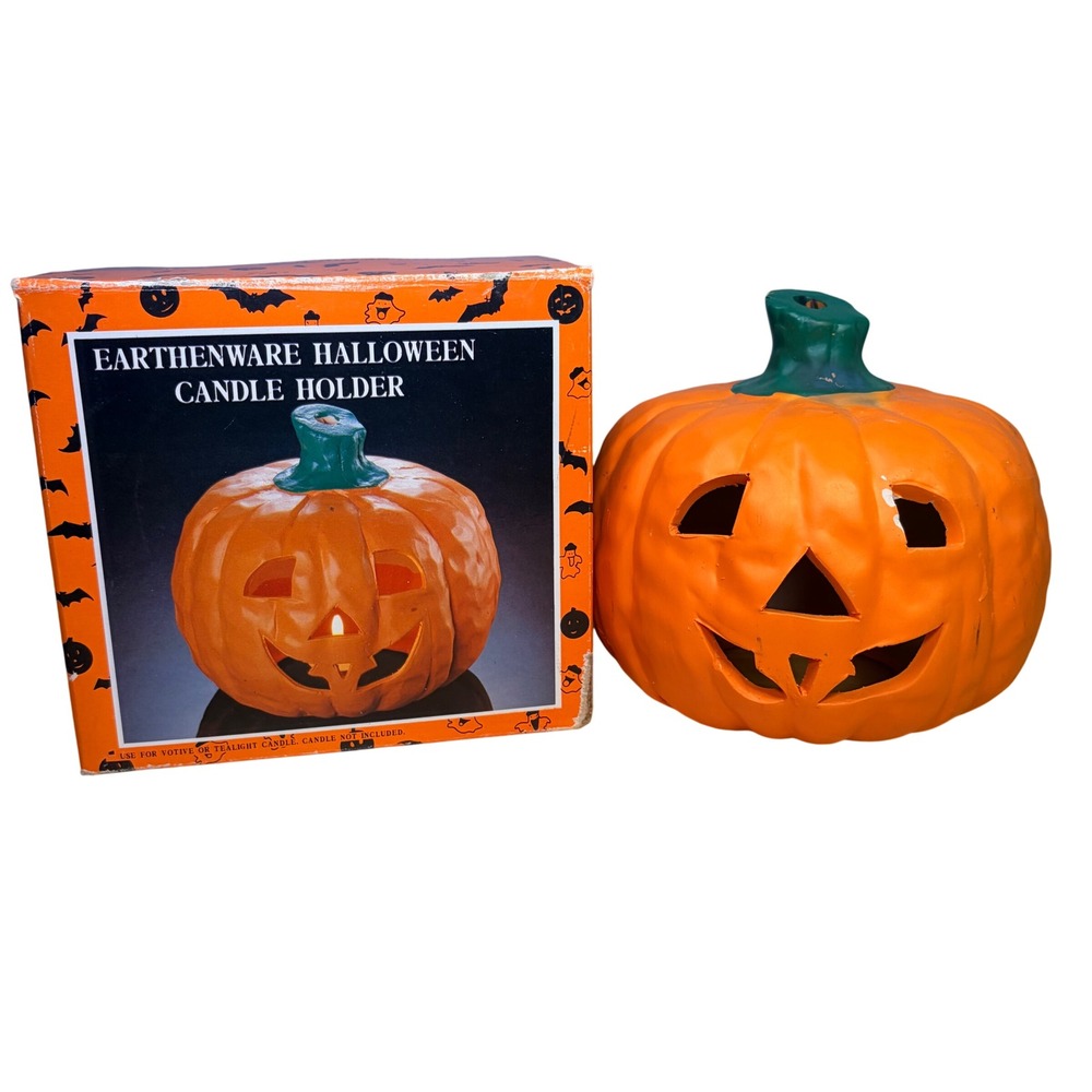 90s Kmart Earthenware Halloween Jack-O-Lantern Candle Holder Orange Pumpkin VTG